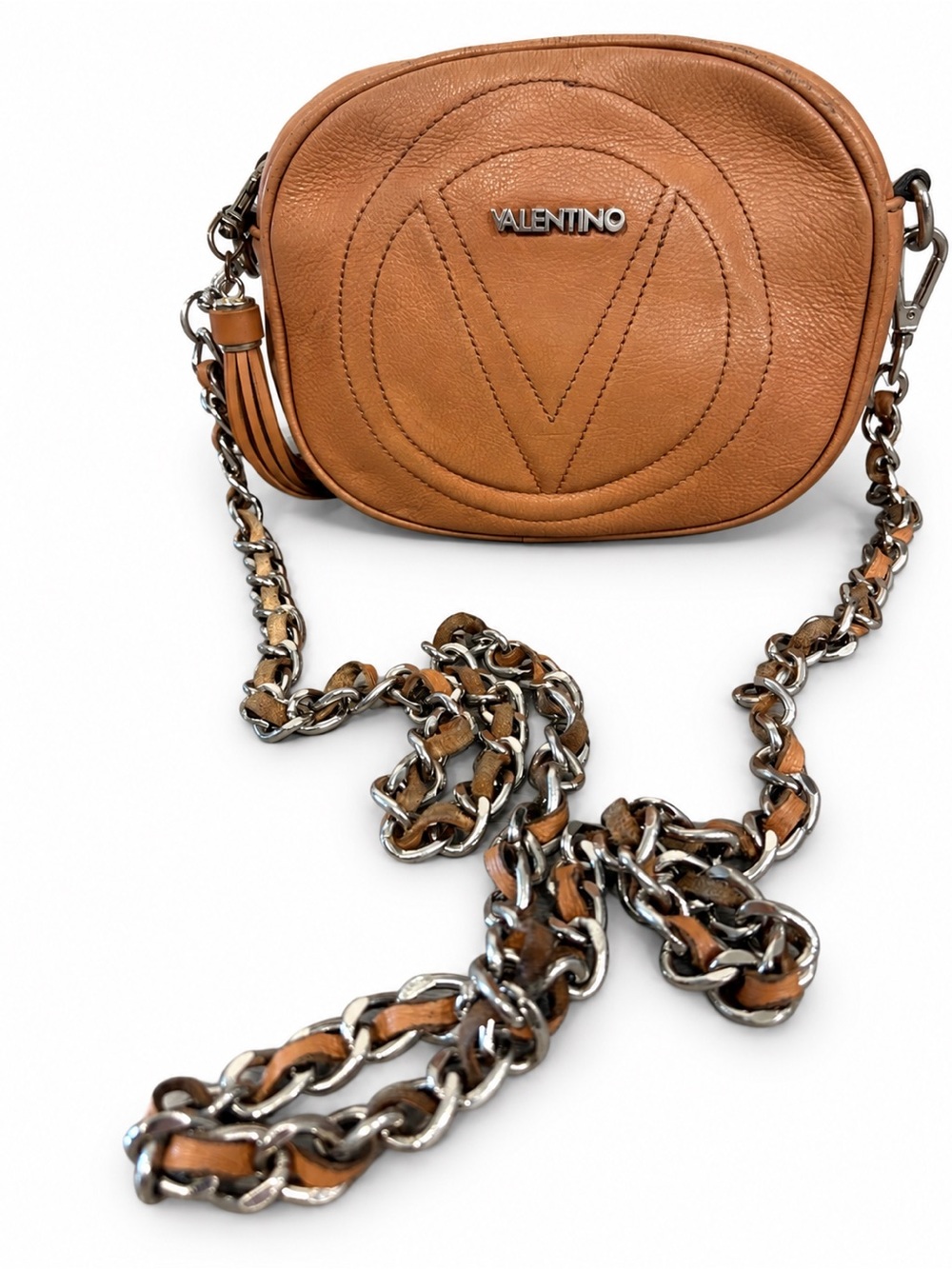 Valentino Cognac Leather Crossbody with Chain Strap